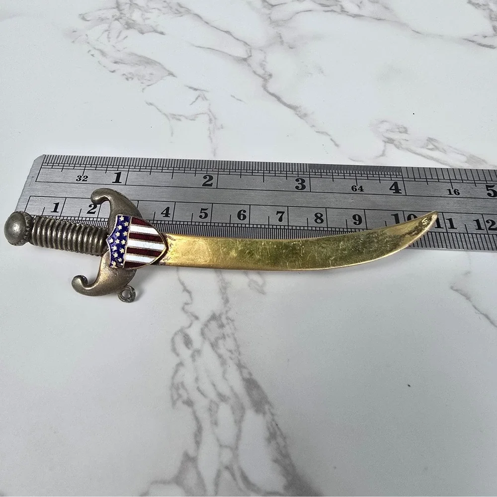 Vintage Scimitar Sword Brooch American Flag Shield Gold Silver Tone Pin 4 Inch